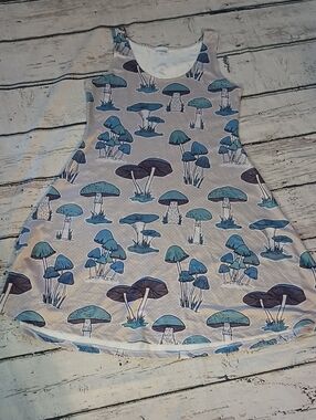 Cowcow Blue Tan Mushroom Print Aline Tank Dress XL